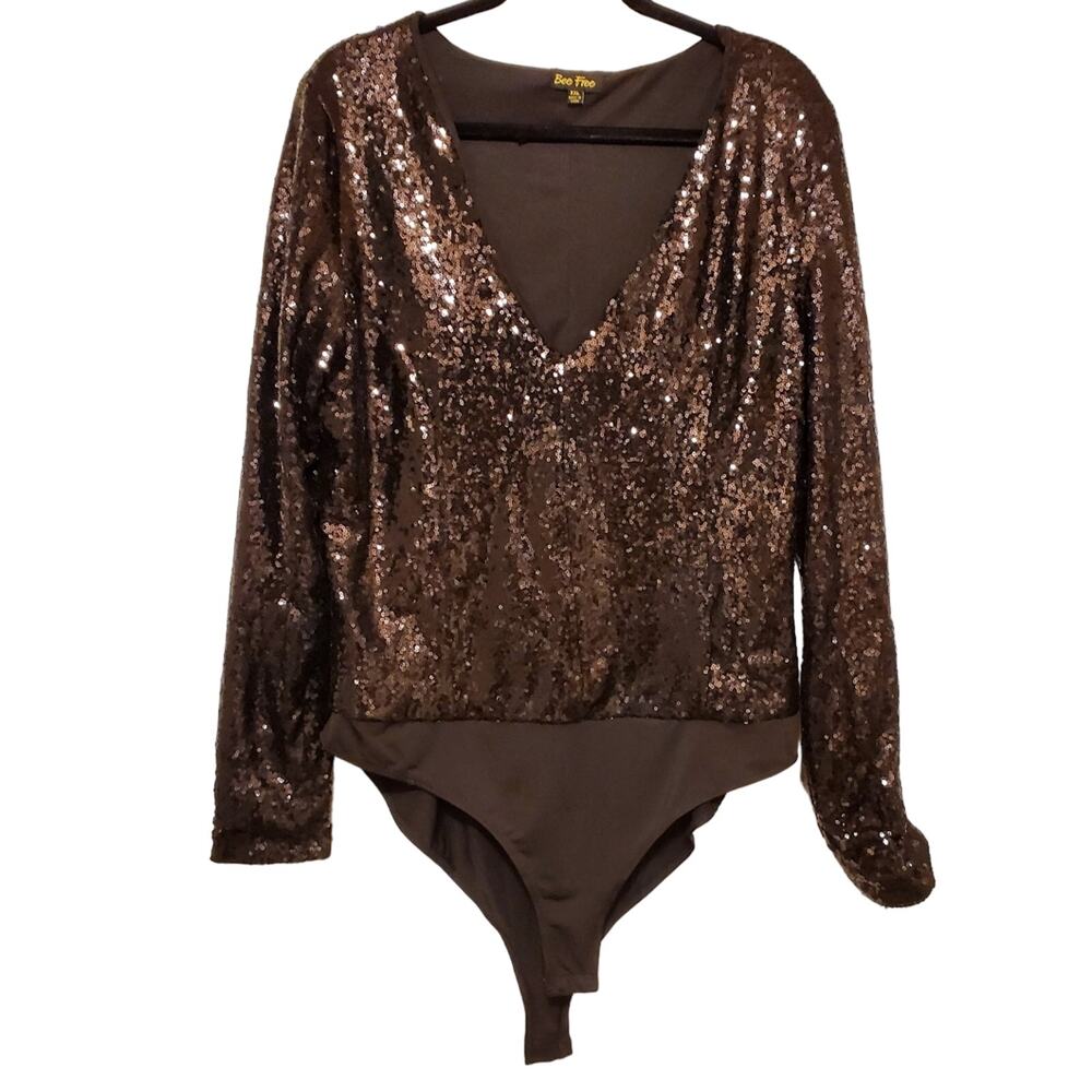 Sz XXL BEE FREE V-neck Stretch Sequin Black Bodysuit
